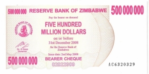 500.000.000 Dollars(EMERGENCY BEARER CHECK/ SECOND DOLLAR 2008)  Banknote