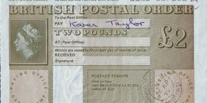 England 1977 2 Pounds postal order.

Issued at Stratford-upon-Avon (Warwickshire). Banknote