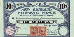 New Zealand 1966 10 Shillings postal note.

Issued at South Dunedin (Otago). Banknote