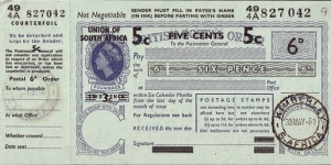 South Africa 1961 5 Cents on 6 Pence postal order.

Issued at Kimberley (Cape Province).

Last day of the Union of South Africa (30th. of May 1961). Banknote