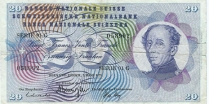 20 Franken / Francs / Franchi__
pk# 46 u (2)__
07.03.1973__
signatures: Brenno Galli / Alexandre Hay / Aebersold Banknote