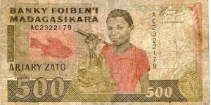 500 Francs = 100 Ariary__
pk# 71 b__
ND (1988-1993) Banknote