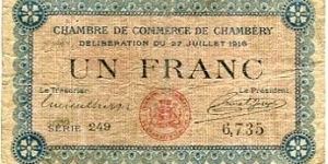 1 Franc__
Chambre de Commerce de Chambery__
pk# NL__
27.07.1916 Banknote