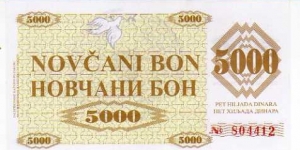 5000 Dinara - pk# 9 i - handstamp:SARAJEVO and 16.6.1993 Banknote