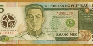 The Philippines | 
5 Piso, 1991 | 

Obverse: Emilio Famy Aguinaldo, the 1st President of the Philippines (Jan. 23 1899 – April 1, 1901) and II Plenary Council of the Philippines logo | 
Reverse: Declaration of Peace in June 12, 1898 | 
Watermark: Emilio Aguinaldo | Banknote