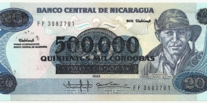 NicaraguaBN 20 Cordobas 1985(overprinted 500.000) Banknote