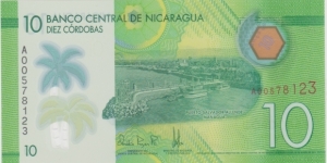 10 Cordobas ( Medida: 131 x 67 mm ) Nota de plástico
Puerto Salvador Allende, Managua
La Vaquita, Fiestas patronales de Managua Banknote
