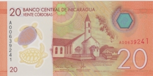 20 Cordobas ( Medida: 136 x 67 mm ) Nota de plástico
Iglesia Morava, Laguna de Perlas
Festival Mayo Ya Banknote