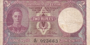 British Ceylon 2 Rupees King George VIth Banknote