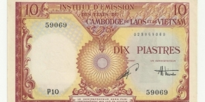 FrIndochina 10 Piastre ND(1953-54)(Institut d'Emission C-L-V) Banknote