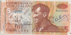 1993 $5 paper note signed by Edmund Hillary Banknote