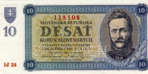 10 Korun Slovenskych 
SPECIMEN Ludovit Stur Banknote