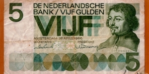 The Netherlands | 
5 Gulden, 1966 | 

Obverse: Joost van den Vondel (1587-1679) | 
Reverse: Modern design of Amsterdam Playhouse | Banknote
