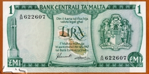 Malta | 
1 Lira, 1973 | 

Obverse: War Memorial in Valletta, Map of Malta with compass, and National Coat of Arms | 
Reverse: Prehistoric Neolithic Temple in Tarxien, and St. Paul's Cathedral in Mdina | 
Watermark: Allegorical Head of Malta | Banknote