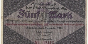 Germany-Kriegsnotgeld 5 Mark 1918-Stadt Kempten Banknote