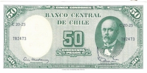 50 Pesos(overprinted with value 5 Centesimos de Escudo 1960)  Banknote