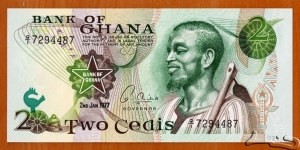 Ghana | 
2 Cedis, 1977 | 

Obverse: Bust of a young man with a hoe | 
Reverse: Workers in field | 
Watermark: Eagle's head with a star | Banknote