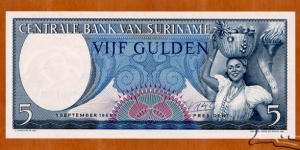 Suriname | 
5 Gulden, 1963 | 

Obverse: Woman with basket full of fruits, Olympic torch | 
Reverse: National Coat of Arms | 
Watermark: Parrot's head | Banknote