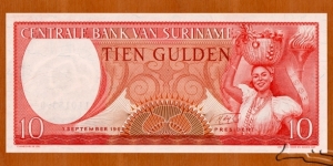 Suriname | 
10 Gulden, 1963 | 

Obverse: Woman with basket full of fruits, Olympic torch | 
Reverse: National Coat of Arms | 
Watermark: Parrot's head | Banknote