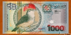 Suriname | 
1,000 Gulden, 2000 | 

Obverse: Fauna, flora and map of Suriname, and a Royal Flycatcher | 
Reverse: The flower Orchidaceae violacea, and Building of the Central Bank of Suriname | 
Watermark: Building of the Central Bank | Banknote
