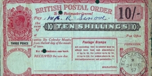 Wales 1957 10 Shillings postal order.

Issued at Ely,Cardiff (Glamorgan). Banknote