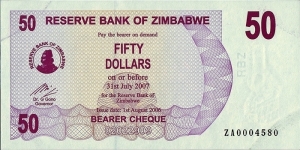 Zimbabwe 2006 50 Dollars.

Replacement note. Banknote