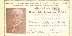 Notgeld
Honenlimburg,
Eisen-Und
Stahlwerk Hoesch
3 Millionen Banknote