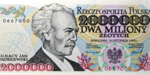 2000000 Złotych - Ignacy Jan Paderewski Banknote