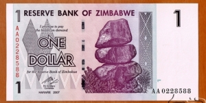 Zimbabwe | 
1 Dollar, 2007 | 

Obverse: Chiremba Balancing Rocks in Matopos National Park | 
Reverse: Victoria Falls (or Mosi-oa-Tunya = The Smoke and Thunders) on Zambezi River, and Water Buffalo | 
Watermark: Zimbabwe bird, Electrotype 