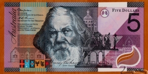 Australia | 
5 Dollars, 2001 – Centenary of Federation | 

Obverse: Portrait of Sir Henry Parkes (1815-1896), was a colonial Australian politician and longest non-consecutive Premier of the Colony of New South Wales | 
Reverse: Portrait of Catherine Helen Spence (1825-1910), was a Scottish-born Australian author, teacher, journalist, politician, leading suffragist, and Georgist | 
Window: Eucalyptus leaf | Banknote