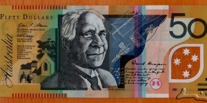 Australia | 
50 Dollars, 2008 | 

Obverse: Portrait of David Unaipon (born David Ngunaitponi) (1872-1967), was a well-known Indigenous Australian of the Ngarrindjeri people, a preacher, inventor and writer. Unaipon's contribution to Australian society helped to break many Indigenous Australian stereotypes | 
Reverse: Portrait of Edith Dircksey Cowan (1861-1932), was an Australian politician, social campaigner and the first woman elected to an Australian parliament | 
Window: Southern Cross, Denomination | Banknote