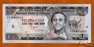 Ethiopia | 
1 Birr, 2000 | 

Obverse: Obverse: A boy, Lion head, and Longhorns | 
Reverse: White-throated bee-eaters and Tisisat waterfalls on the Blue Nile | Banknote