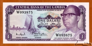 The Gambia | 
1 Dalasi, 1971-1986 | 

Obverse: President Sir Dawda Kairaba Jawara - First President of Republic of the Gambia, and a Sailing boat | 
Reverse: Farm workers planting maruo or kamangyango rice in faro (rice paddy fields) | 
Watermark: Head of a crocodile | Banknote
