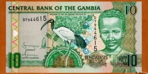 The Gambia | 
10 Dalasis, 2006 | 

Obverse: Sacred Ibis; Young Gambian boy | 
Reverse: Building of the Central Bank of The Gambia | 
Watermark: Head of a crocodile | Banknote