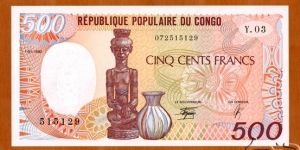 Congo, Republic of the | 500 Francs, 1990 | Obverse: Figure carving and Jug | Reverse: Carver with his mask of art, Carved masks, shields and figures | Watermark: Figure carving | Banknote