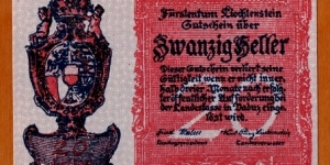 Liechtenstein | 20 Heller, 1920 | Obverse: National Coat of Arms | Reverse: Vaduz Castle | Banknote