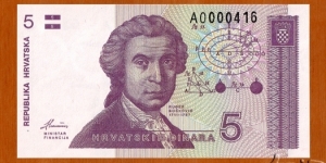Croatia | 
5 Dinara, 1991 | 

Obverse: Mathematician, astronomer and physicist Ruđer Bošković (1711-1787) | 
Reverse: Zagreb Cathedral | 
Watermark: Ornamental patterns | Banknote