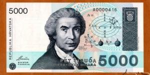 Croatia | 
5,000 Dinara, 1993 | 

Obverse: Mathematician, astronomer and physicist Ruđer Bošković (1711-1787), and Geomatric calculations | 
Reverse: Sculpture 