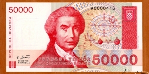 Croatia | 
50,000 Dinara, 1993 | 

Obverse: Mathematician, astronomer and physicist Ruđer Bošković (1711-1787), and Geomatric calculations | 
Reverse: Sculpture 