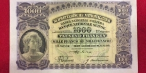 Switzerland 1000 Franken 16.6.1931 SN#1H 62884 sign 14 phs 8 left Banknote