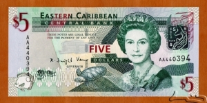 East Caribbean States | 
5 Dollars, 2008 | 

Obverse: Portrait of Queen Elisabeth II, ECCB building, Turtle, Green-throated Carib (Eulampis jugularis), and Fishes | 
Reverse: Admiral's House in Antigua & Barbuda, Map of the Eastern Caribbean islands, Trafalgar Falls in Dominica, and Fishes | 
Watermark: Queen Elisabeth II | Banknote