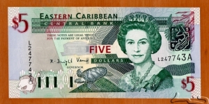 Antigua and Barbuda | 
5 Dollars, 2003 | 

Obverse: Portrait of Queen Elisabeth II, ECCB building, Turtle, Green-throated Carib (Eulampis jugularis), and Fishes | 
Reverse: Admiral's House in Antigua & Barbuda, Map of the Eastern Caribbean islands, Trafalgar Falls in Dominica, and Fishes | 
Watermark: Queen Elisabeth II | Banknote