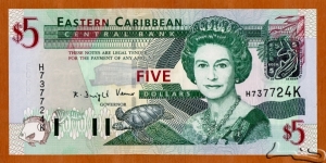 Saint Kitts and Nevis | 
5 Dollars, 2003 | 

Obverse: Portrait of Queen Elisabeth II, ECCB building, Turtle, Green-throated Carib (Eulampis jugularis), and Fishes | 
Reverse: Admiral's House in Antigua & Barbuda, Map of the Eastern Caribbean islands, Trafalgar Falls in Dominica, and Fishes | 
Watermark: Queen Elisabeth II | Banknote