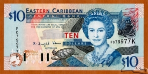 Saint Kitts and Nevis | 
10 Dollars, 2003 | 

Obverse: Portrait of Queen Elisabeth II, ECCB building, Turtle, Green-throated Carib (Eulampis jugularis), and Fishes |
Reverse: Admiralty Bay in Saint Vincent and The Grenadines, Map of the Eastern Caribbean islands, The Warspite sailing ship, Anguilla, Brown Pelican (Pelecanus occidentalis), and Fishes | 
Watermark: Queen Elisabeth II | Banknote