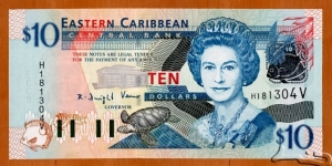 Saint Vincent and The Grenadines | 
10 Dollars, 2003 | 

Obverse: Portrait of Queen Elisabeth II, ECCB building, Turtle, Green-throated Carib (Eulampis jugularis), and Fishes |
Reverse: Admiralty Bay in Saint Vincent and The Grenadines, Map of the Eastern Caribbean islands, The Warspite sailing ship, Anguilla, Brown Pelican (Pelecanus occidentalis), and Fishes | 
Watermark: Queen Elisabeth II | Banknote