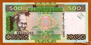 Guinea | 
500 Francs, 2006 | 

Obverse: Portrait of smiling woman, drum, and and Coat of Arms | 

Reverse: Conveyor in a mining facility | 

Watermark: Smiling woman | Banknote