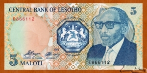 Lesotho | 
5 Maloti, 1989 | 

Obverse: Bust of  Moshoeshoe II (1938-1996), and National Coat of Arms | 
Reverse: Maletsunyane Falls | 
Watermark: King Moshoeshoe II | Banknote