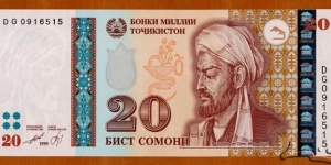 Tajikistan | 
20 Somonī, 2000 | 

Obverse: Portrait of Abūalī ibni Sino (or Avicenna) (980-1037), was a Persian polymath who is regarded as one of the most significant physicians, astronomers, thinkers and writers of the Islamic Golden Age. He has also been described as the father of early modern medicine | 
Reverse: Hissar Castle (or Hisor Castle) and artifacts, and National flag of Tajikistan | 
Watermark: Abūalī ibni Sino | Banknote