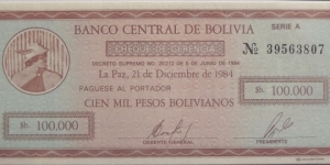 Cheque 100.000 Bolivianos Banknote