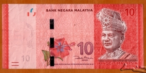 Malaysia | 
10 Ringgit, 2011 | 

Obverse: Portrait of Tuanku Abdul Rahman Ibni Al-Marhum Tuanku Muhammad (1895-1960), the first Supreme Head of State of the Federation of Malaya, Design patterns from songket weaving (featured to reflect the traditional Malaysian textile handicraft and embroidery), and Five-petaled Bunga raya (Hibiscus Rosa-Sinensis) - the national flower of Malaysia | 

Reverse: Logo emblem of the Central Bank of Malaysia depicting Kijang Emas (Malaysia Barking Deer - Muntiacus muntjak), Rafflesia (Raffesia azlanii) - the world's largest flower | 

Watermark: Tuanku Abdul Rahman, and Electrotype '10' | Banknote
